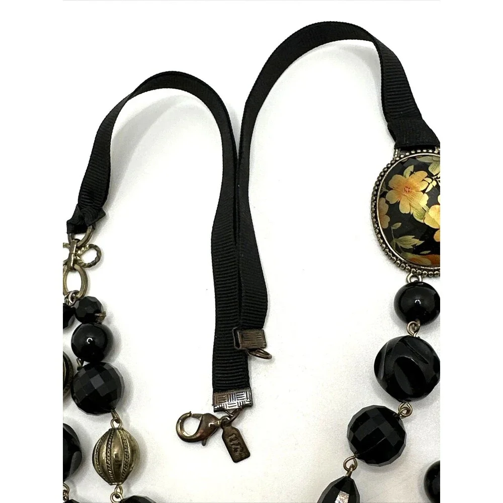 1928 Brand Black Gold Bead Necklace Faceted Floral Cabochon Ribbon Statement 24